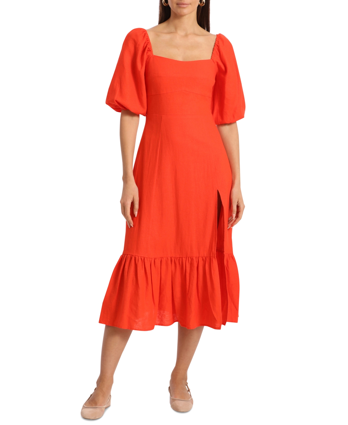 Women's Puff-Sleeve Midi Dress - Coral