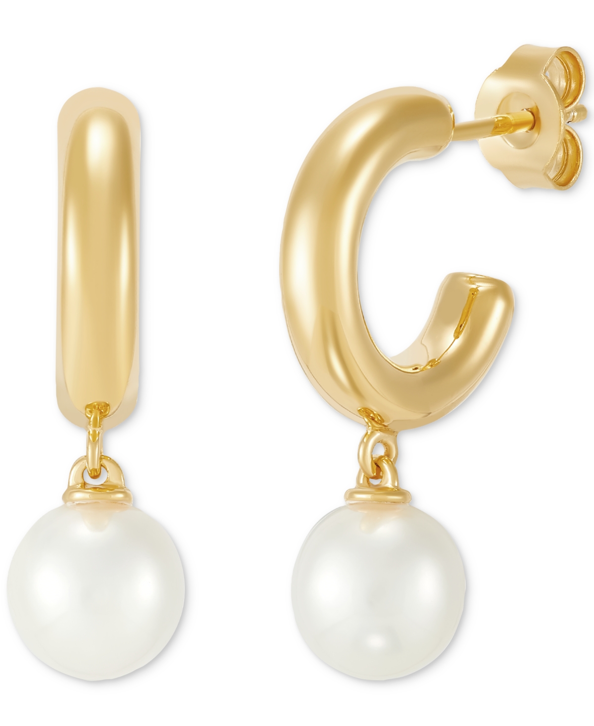 Cultured Freshwater Pearl (7-1/2mm) Dangle Huggie Hoop Earrings in 14k Gold - Yellow Gold