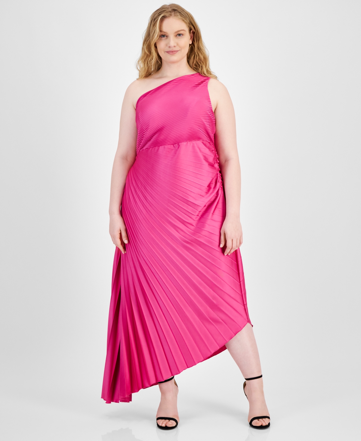 Trendy Plus Size Asymmetric-Neck Pleated Gown - Pink