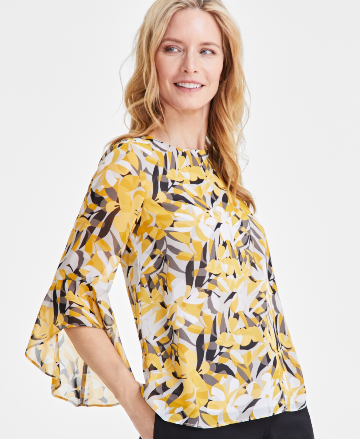 Shop Kasper Women's Floral-print Ruffle-sleeve Blouse In Summer Straw,butterscotch