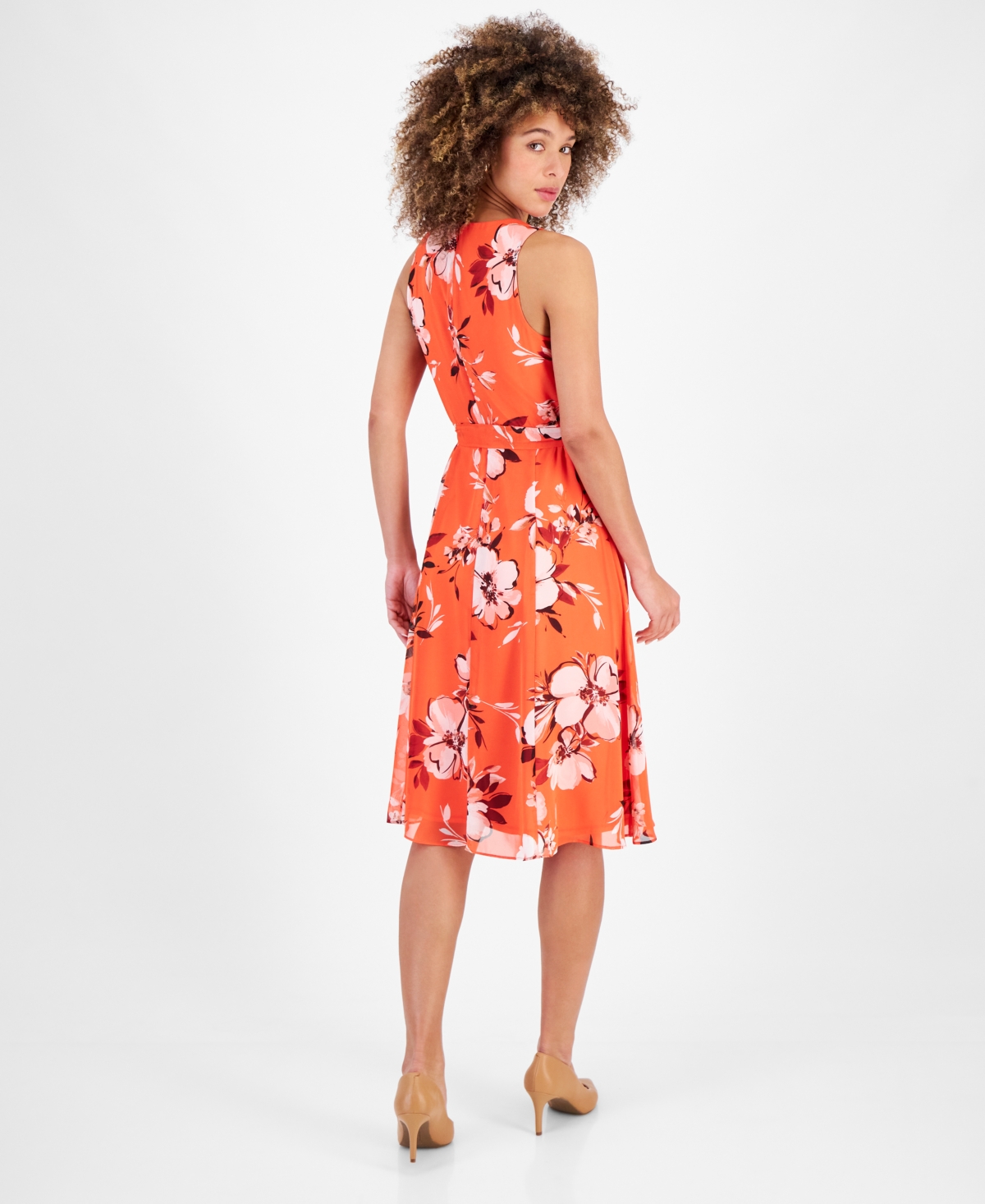 Shop Kasper Women's Floral-print Sleeveless Tie-wasit Dress In Coral Combo