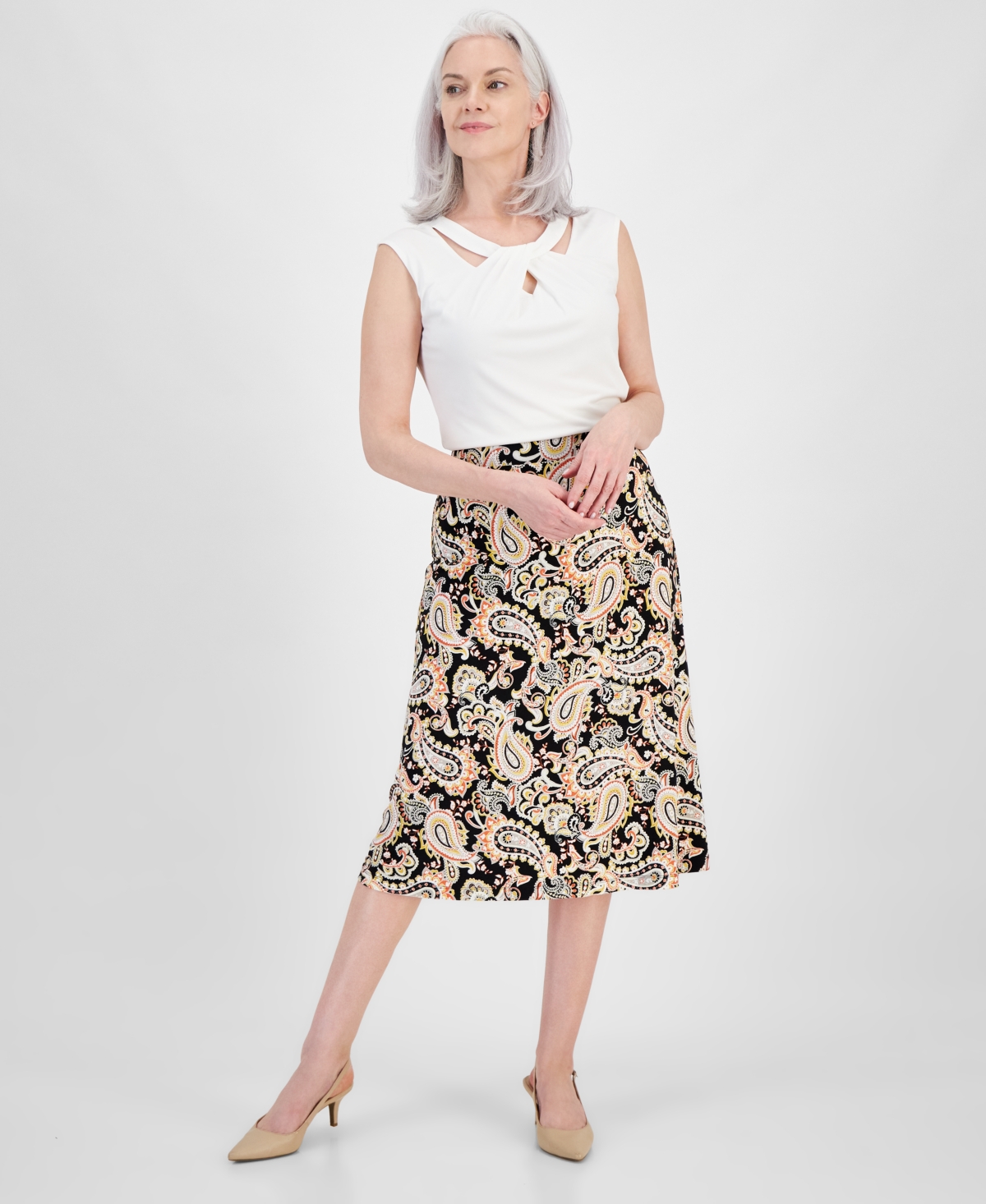 Women's Paisley-Print Pull-On Midi Skirt - Black/Butterscotch Mlt