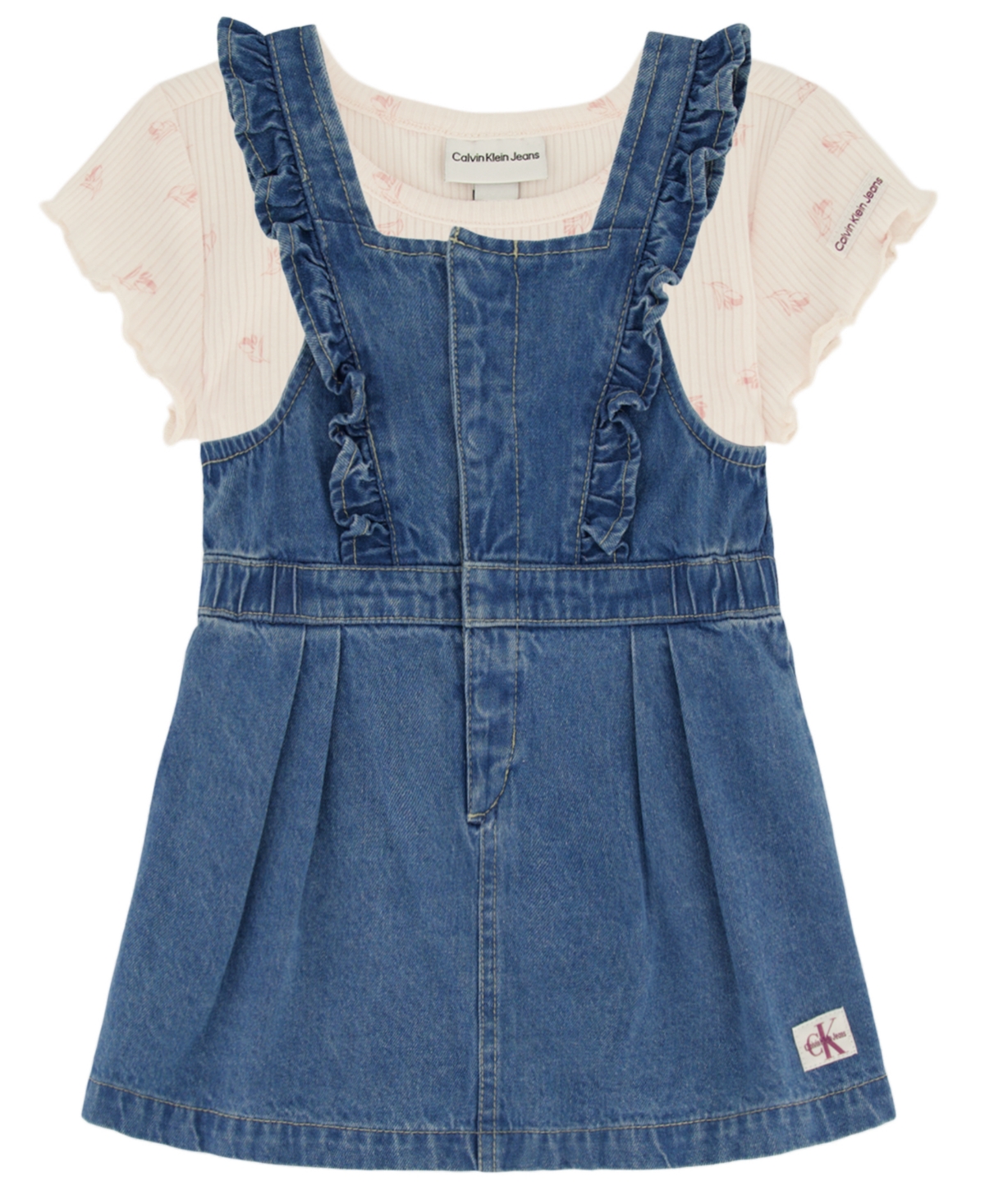 Calvin Klein Kids' Little Girls Lettuce Edge Ribbed T-shirt And Ruffle-trim Denim Jumper, 2 Piece Set In Blue