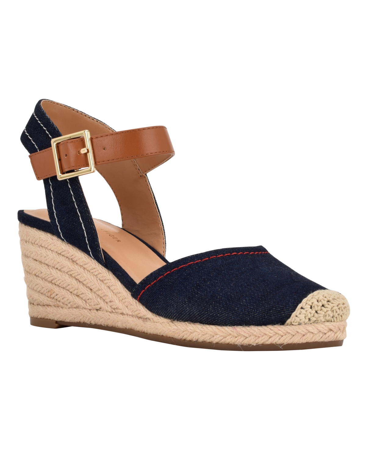 Shop Tommy Hilfiger Women's Nilsa Classic Close Toe Wedge Sandal In Blue Denim - Textile,faux Leather - Pol