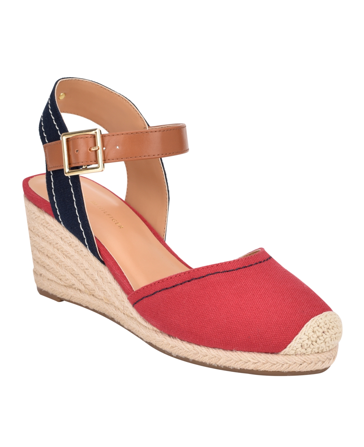 Shop Tommy Hilfiger Women's Nilsa Classic Close Toe Wedge Sandal In Red Multi - Textile,faux Leather - Poly