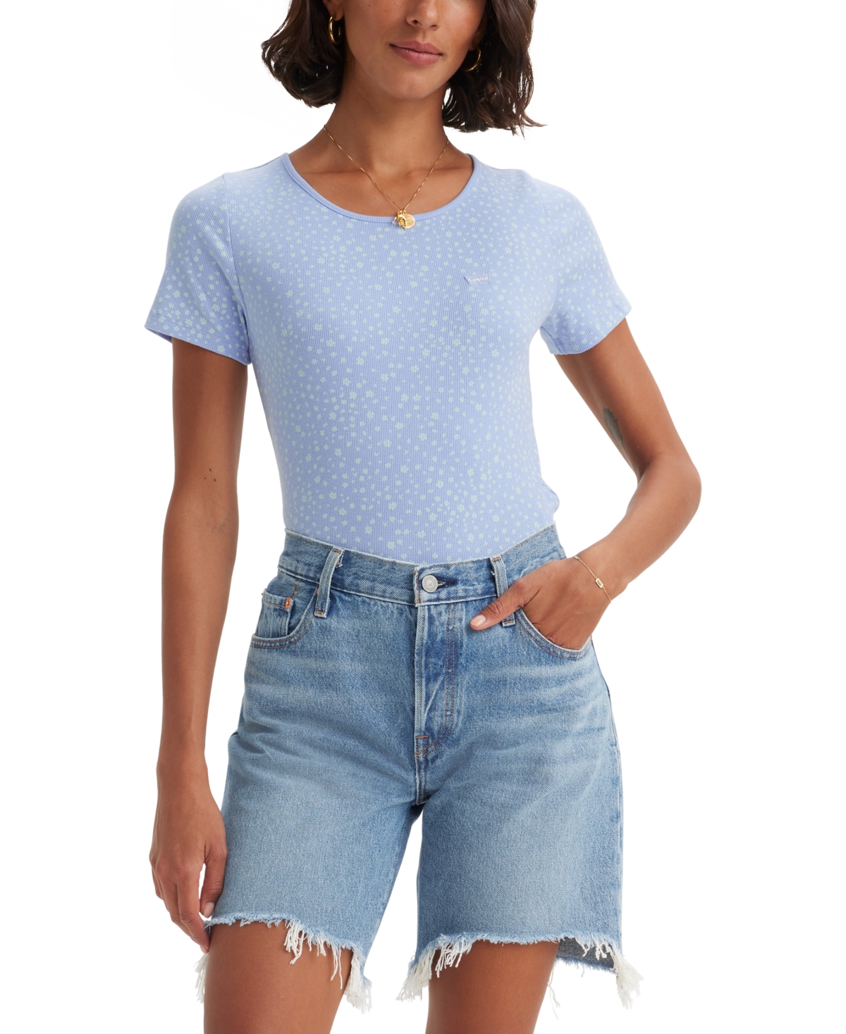 Shop Levi's Women's Slim Fit Honey Ribbed Logo T-shirt In Scattered Floral Brunerra Blue