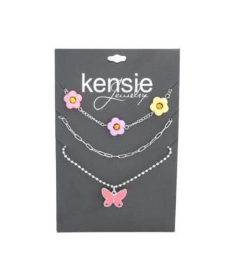 3 Piece Mixed Chain Necklace Set with Beaded Flowers and Butterfly Pendant
