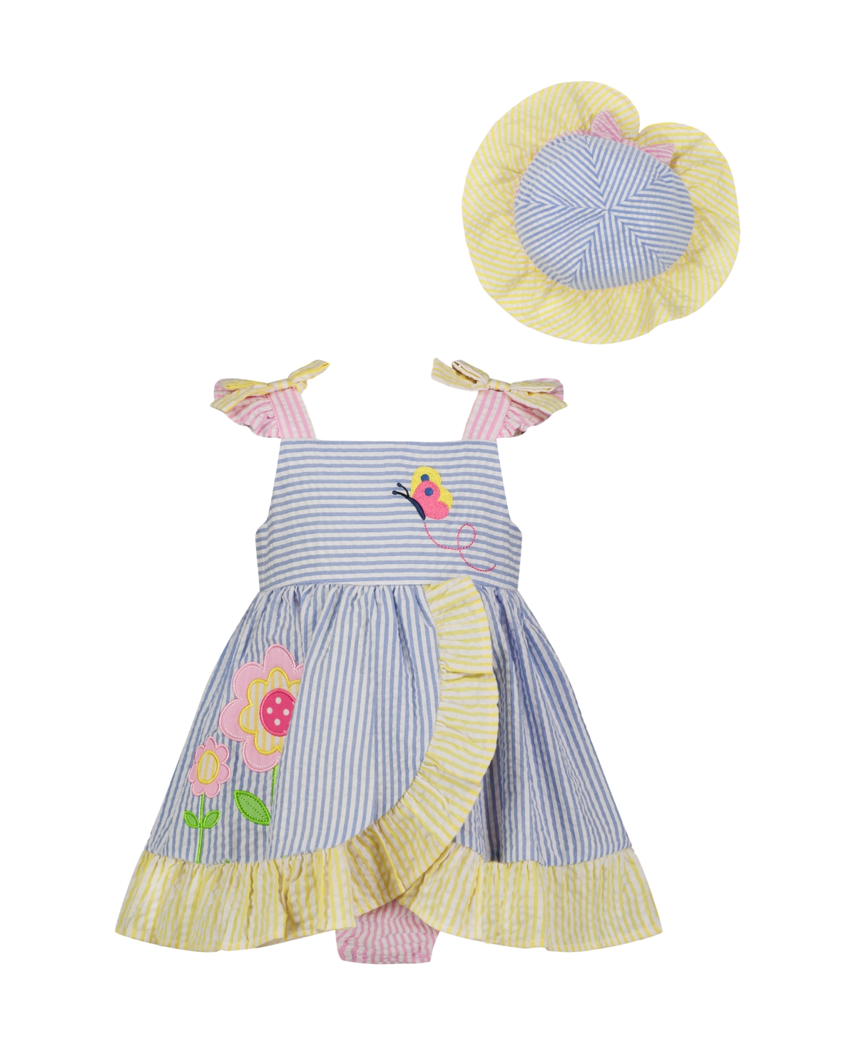Blueberi Boulevard Baby Girls Seersucker Stripe Sundress And Hat Set In Blue Multi