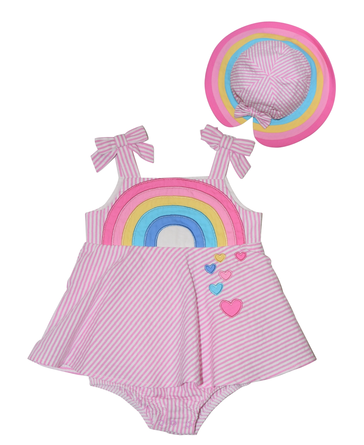 Blueberi Boulevard Baby Girls Rainbow And Stripes Seersucker Sundress And Hat Set In Pink Multi