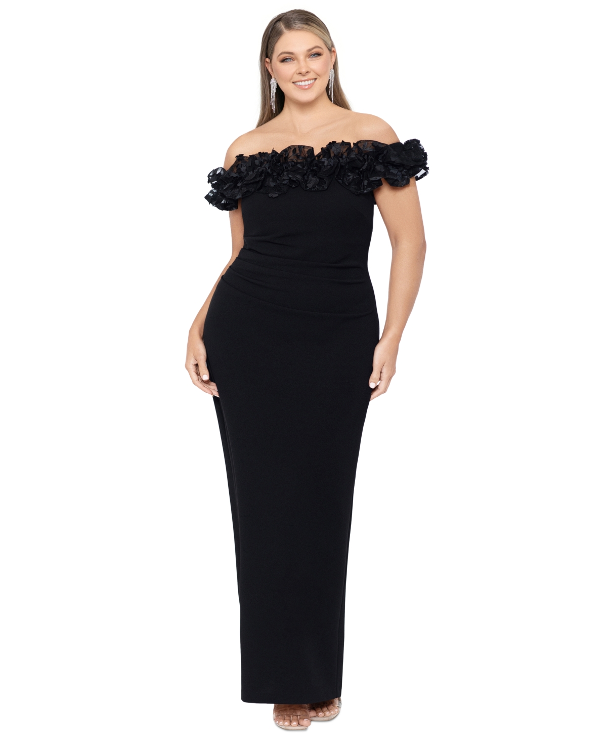 Plus Size Floral-Applique Off-The-Shoulder Gown - Black