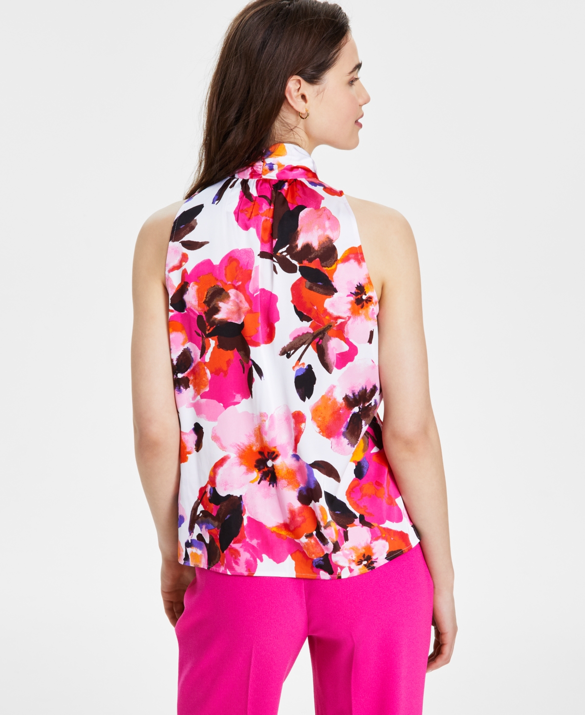 Bar Iii Women's Floral-Print Sleeveless Tie-Neck Top, Created for Macy's -Sunset Rose