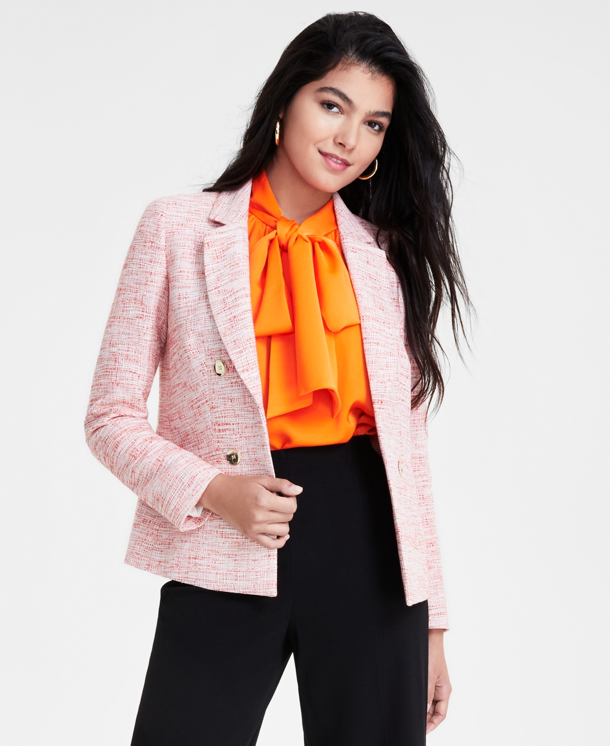 Women's Open-Front Long-Sleeve Tweed Blazer, Created for Macy's - Tangerine