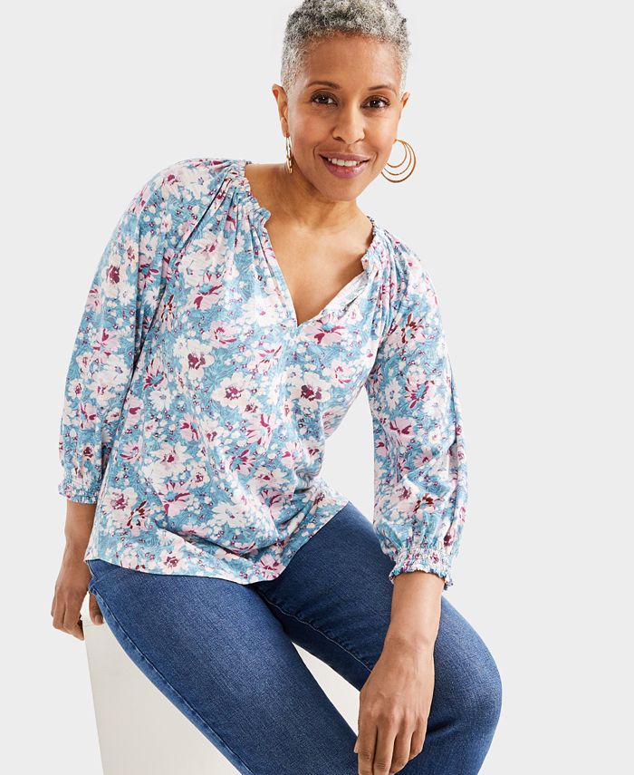 SO ME Floral Print Textured Long Sleeve Knit Top