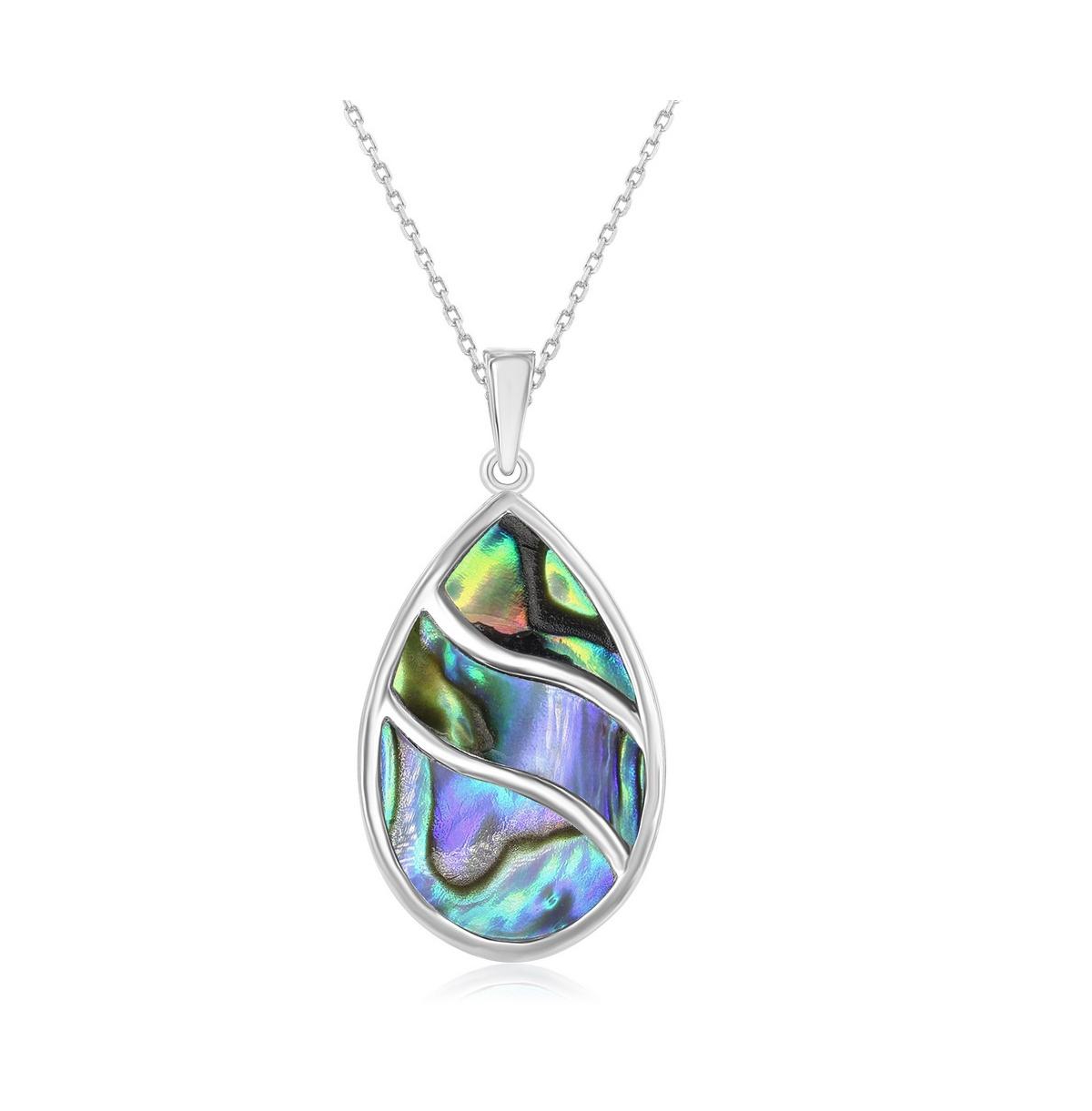 Sterling Silver Abalone Waves Design Teardrop Pendant Necklace - Silver