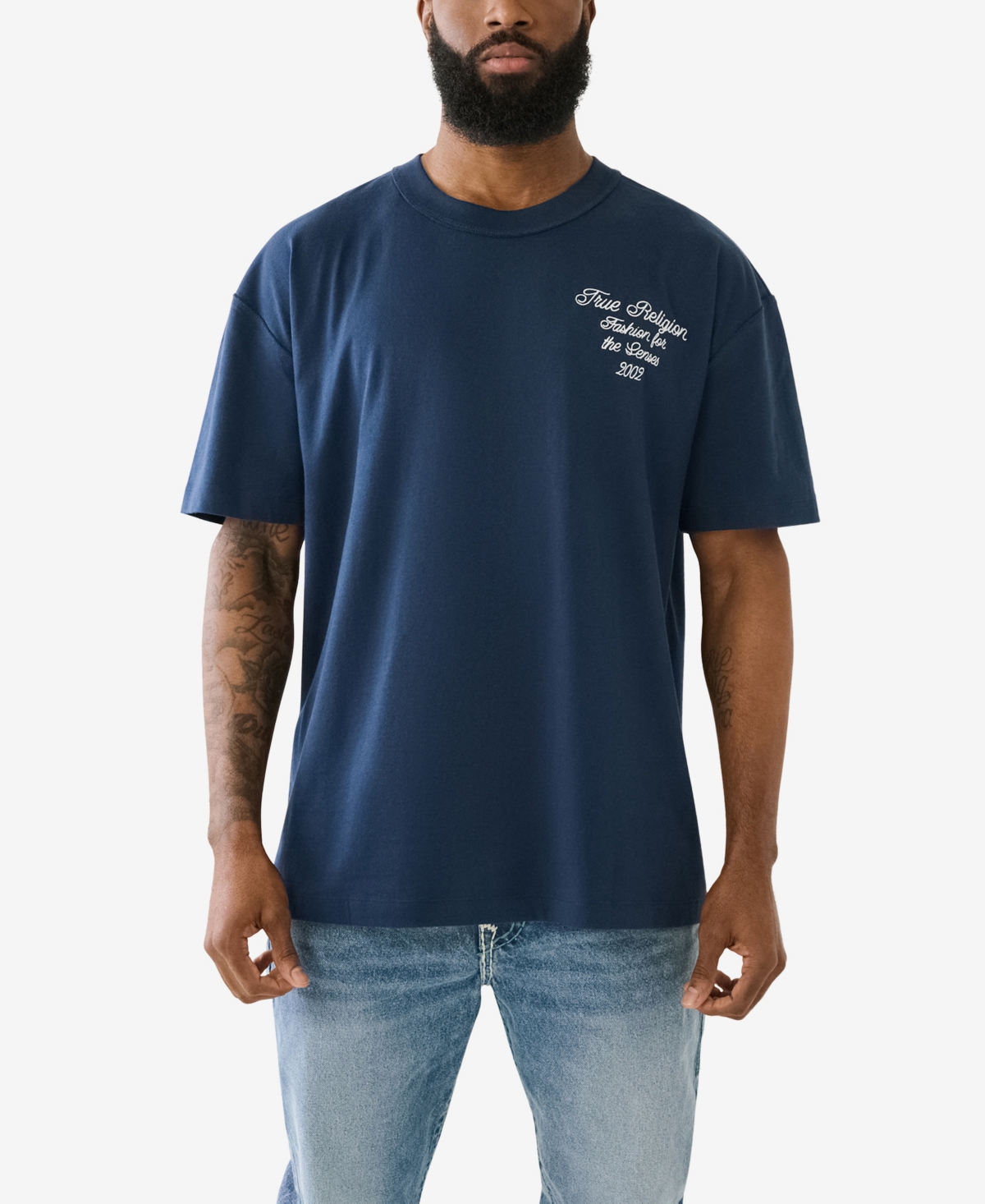 Shop True Religion Men's Short Sleeve Relaxed World Tour T-shirts In Dress Blue