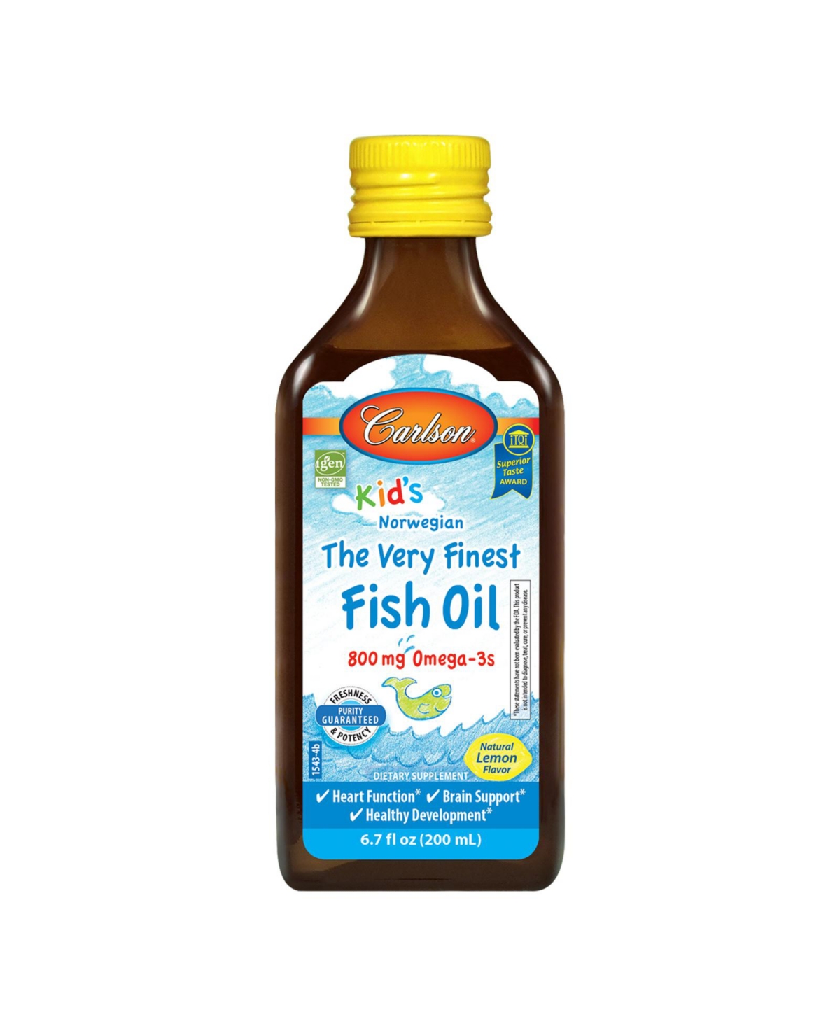 Carlson - Kid's The Very Finest Fish Oil, 800 mg Omega-3s, Norwegian, Wild Caught, Sustainably Sourced, Lemon, 200 mL (6.7 fl oz)