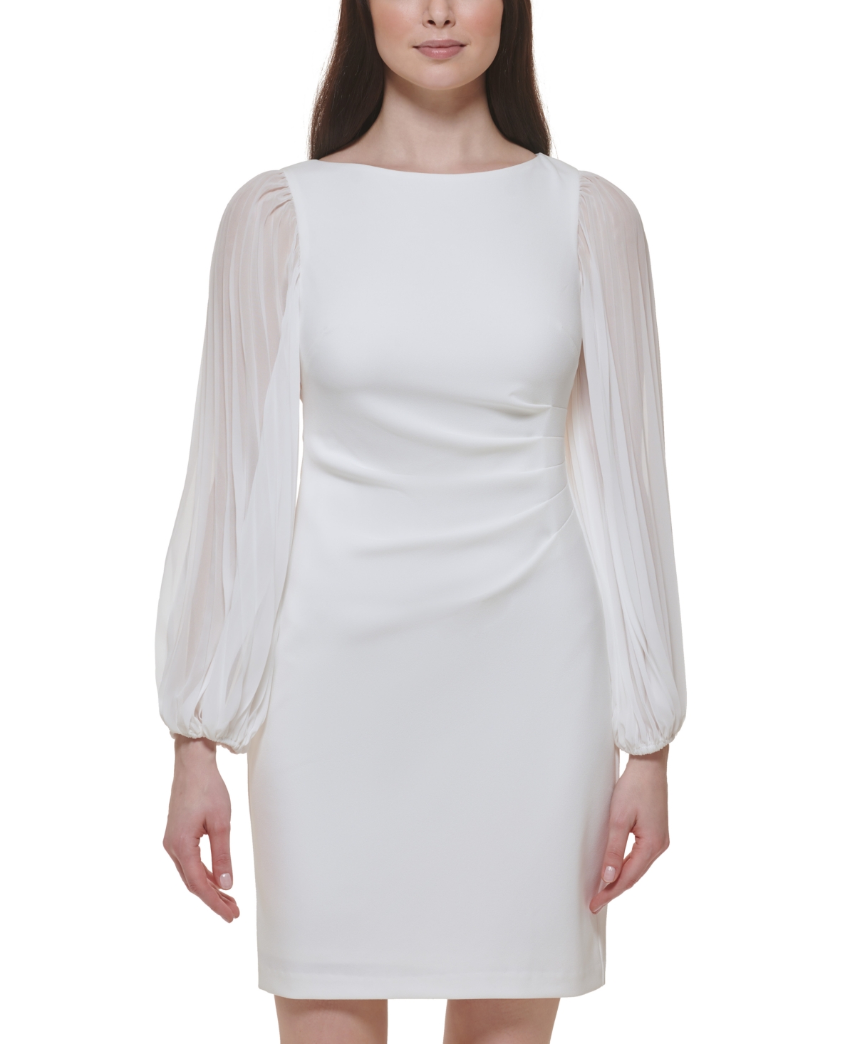 Women's Blouson-Sleeve Side-Tucked Sheath Dress - Ivory