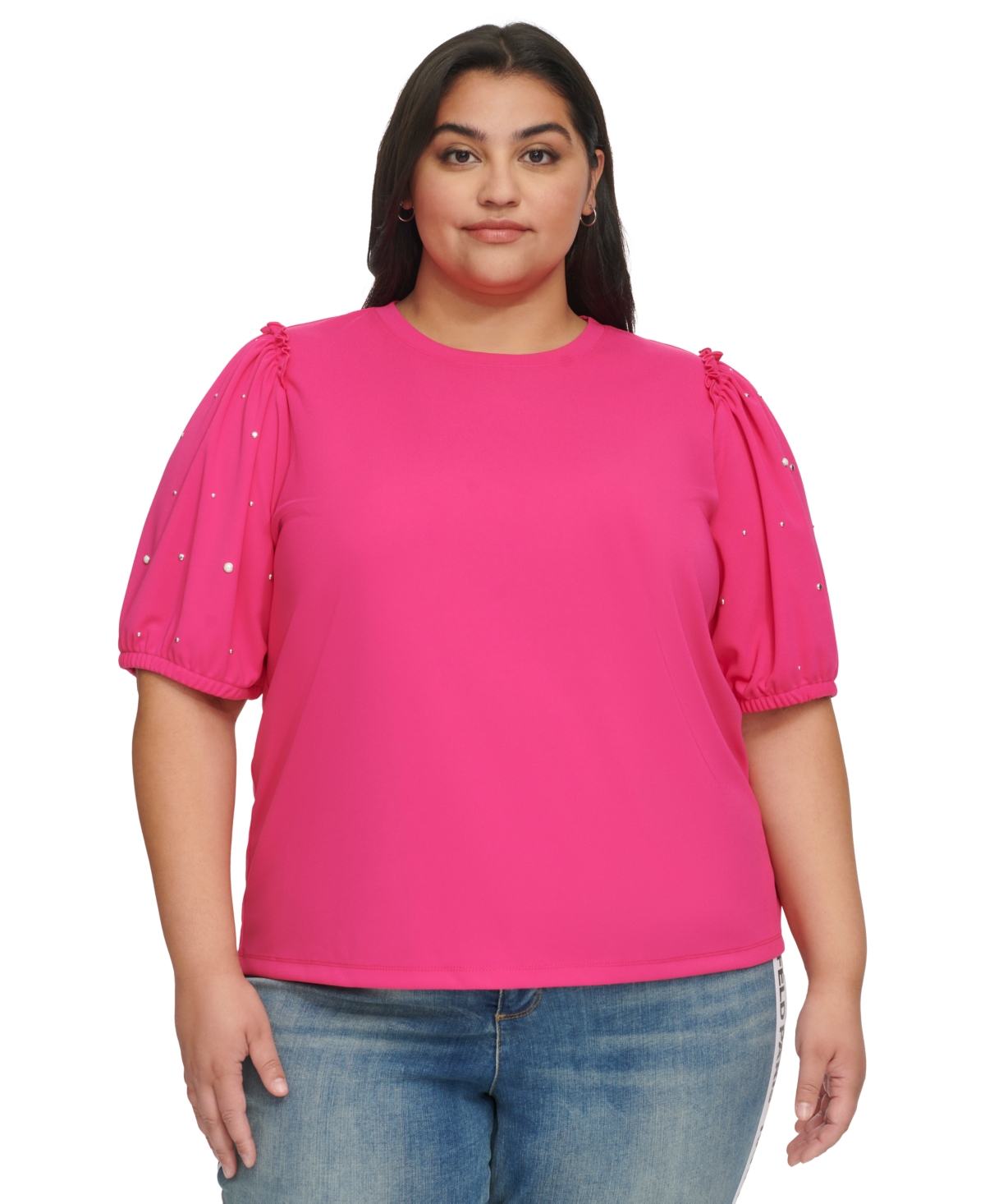KARL LAGERFELD WOMEN'S PLUS SIZE EMBELLISHED PUFF SLEEVE TOP, FIRST@MACY'S