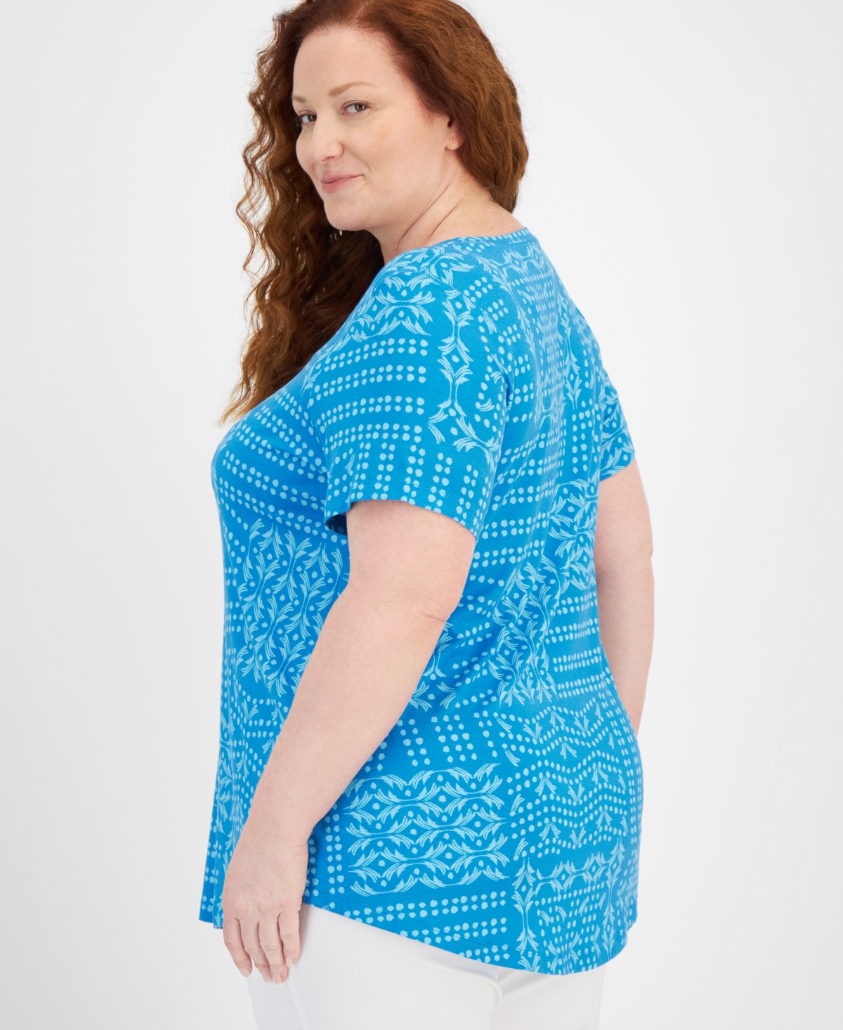 Jm Collection Plus Size Patchwork Paradise Short Sleeve Top, Created for Macy's