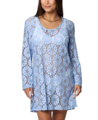 J Valdi Palms Terry Short Sleeve Lace Neck Tunic Coverup - White