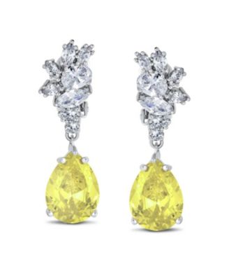 Cubic Zirconia CZ Statement Dangle Leaf Teardrop Formal Chandelier Clip On Earrings Silver Plated