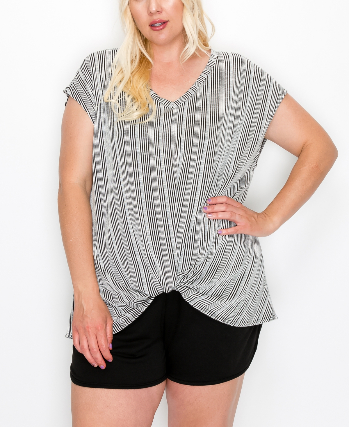 Coin 1804 Plus Size Variegated Textured Stripe V Neck Twist Front Top In Black Ivory