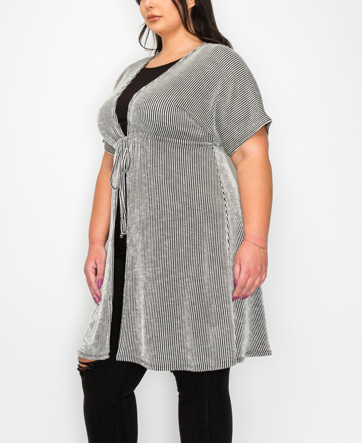 Shop Coin 1804 Plus Size Span Rail Textured Rib Tie Front Short Sleeve Kimono Top In Black Ivory