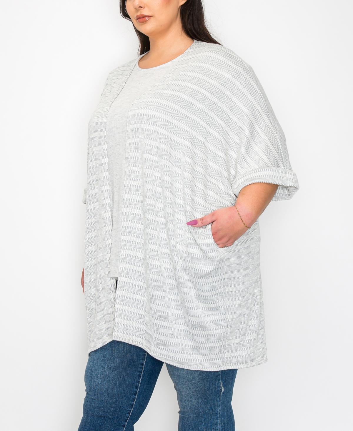 Coin 1804 Plus Size Textured Jacquard Stripe Rolled Sleeve Pocket Kimono Top