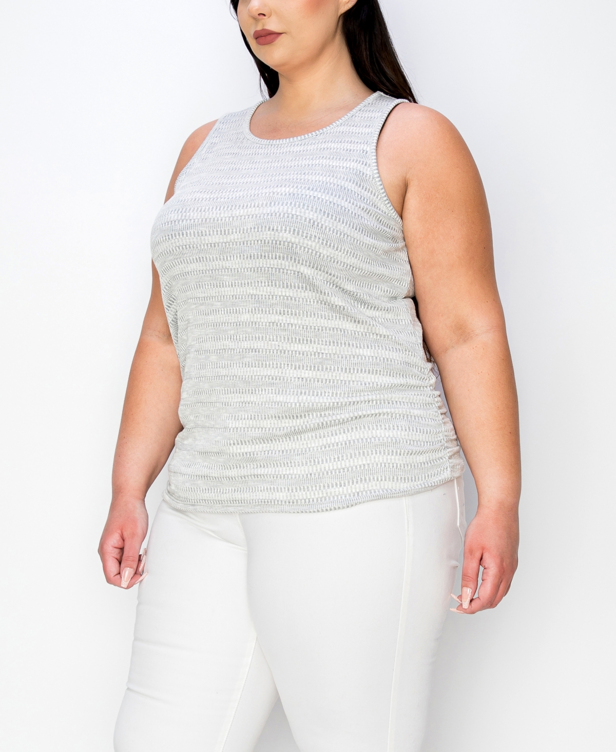 Shop Coin 1804 Plus Size Textured Jacquard Stripe Ruched Tank Top In Gray Ivory
