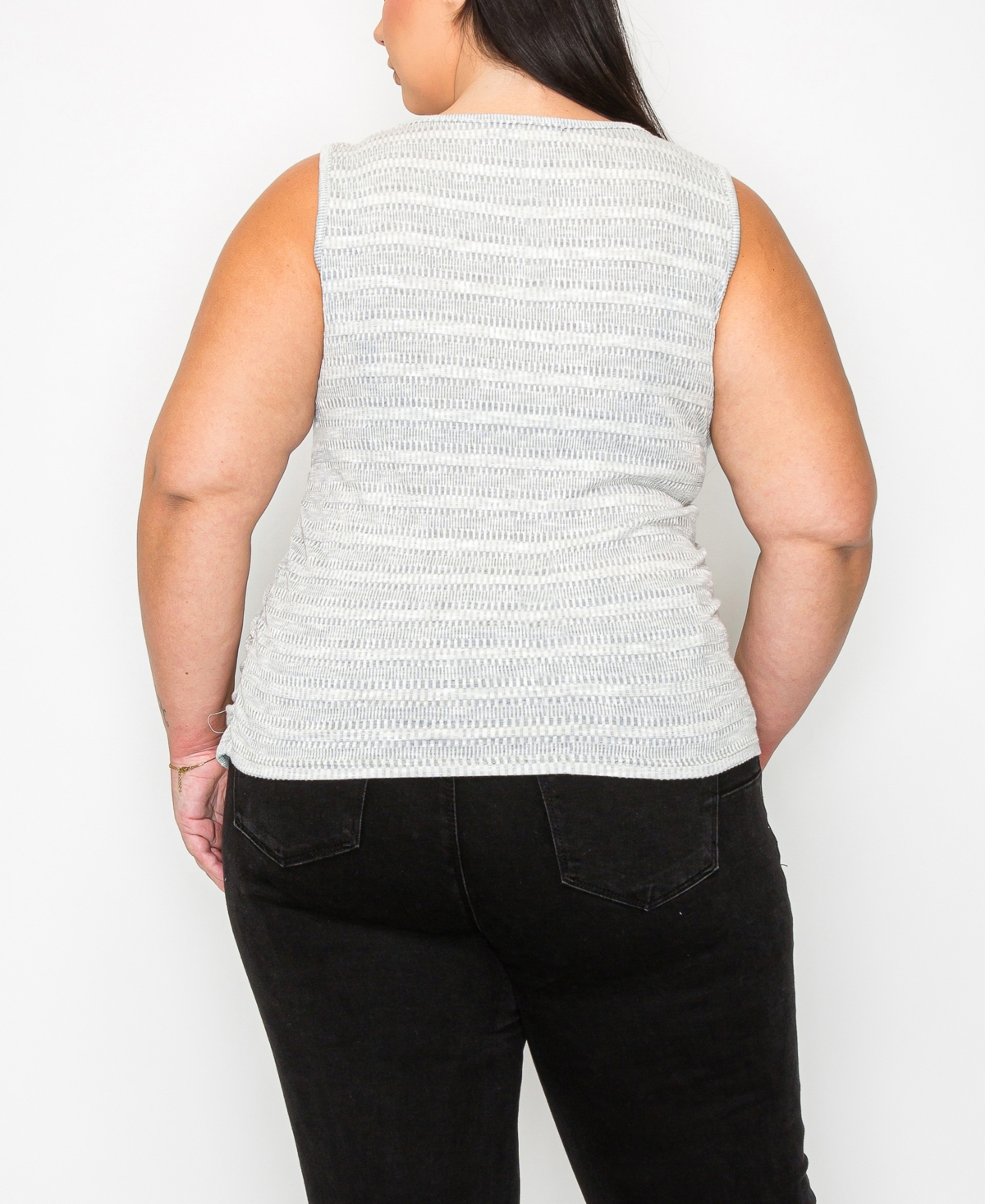 Shop Coin 1804 Plus Size Textured Jacquard Stripe Front Ruched Tank Top In Gray Ivory