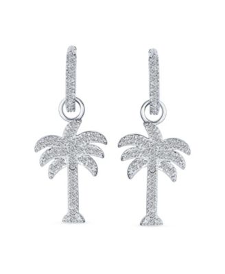 Hawaiian Nautical Pave CZ Cubic Zirconia Huggie Mini Hoop Dangle Charm Palm Tree Earrings Sterling Silver