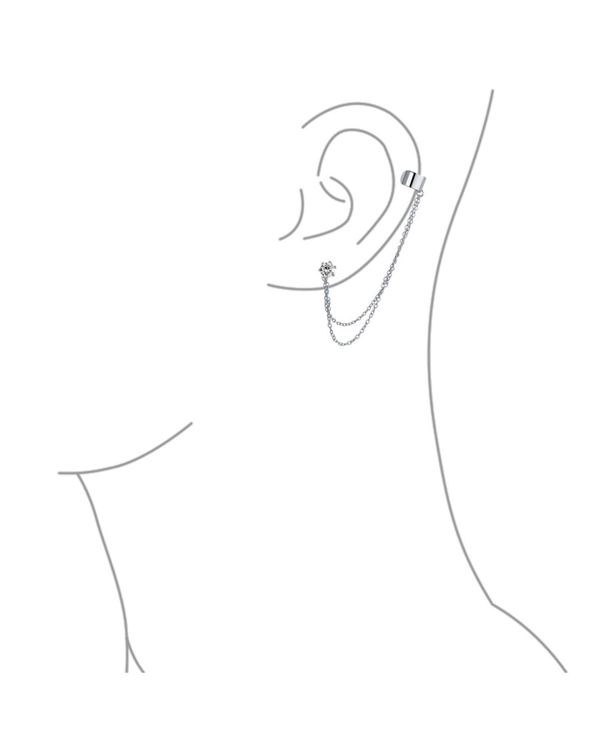 Bling Jewelry Geometric Cartilage Plain Band With Chain Ear Warp Cuff Cz Stud Ear Lobe Earring For WomenGold Plated Sterling Silver - Rose