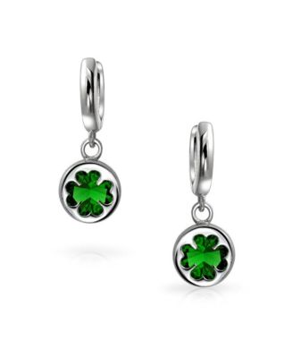 Luck of the Irish Shamrock Four Leaf Green CZ Clover Drop Dangle Earrings Sterling Silver Lever back
