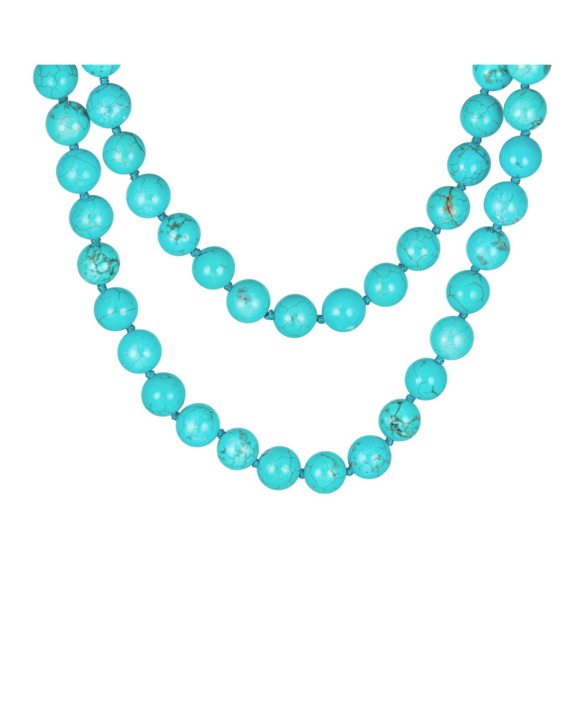 Classic Western Style Hand Knotted 10MM Round Ball Bead 36 Inch Long Strand Double Wrap Layer Blue Turquoise Necklace For Women .925 Sterling Silver -