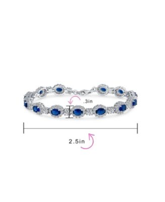 Cocktail Statement Halo Oval CZ Royal Blue Bracelet Sterling Silver Rhodium Plated 7.5 Inch