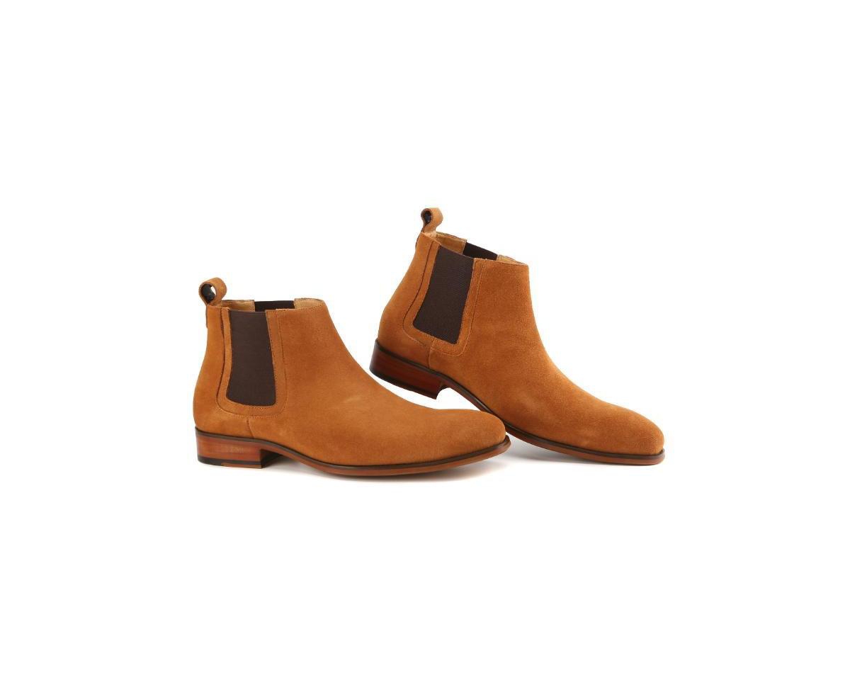 Men's Handcrafted Genuine Leather Pull-On Chelsea Gore Dress Boot - Honey suede