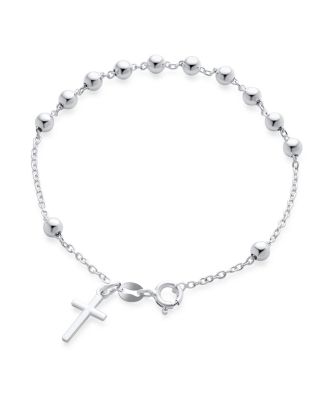 Thin Simple Religious Prayer Ball Beads Cross Rosary Bracelet Sterling Silver