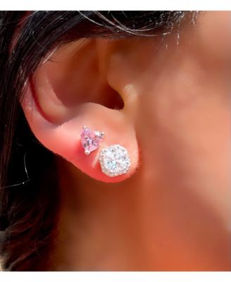 Suzy Levian Sterling Silver Cubic Zirconia Pink Heart-Cut Love Stud  Earrings