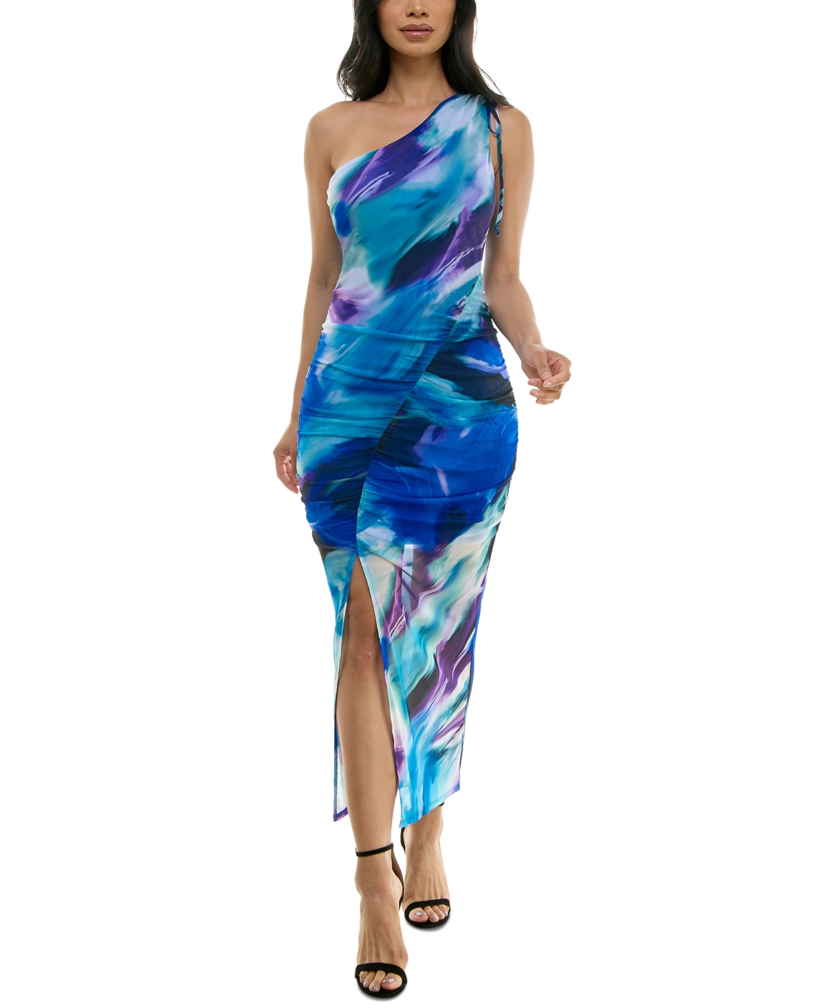 One-Shoulder Sleeveless Printed Mesh Dress - Aqua / Mul