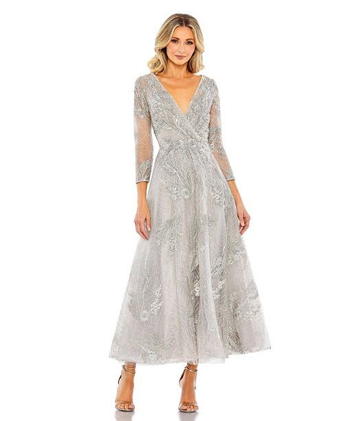 alfani Mac Duggal Women's Embellished Wrap Over 3/4 Sleeve Dress Women's Fashion Shoes & Accessories
