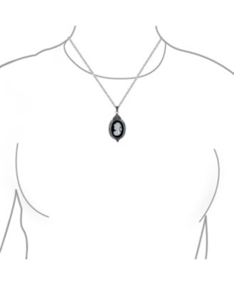 Estate Style Black Mother of Pearl Shell White Carved Victorian Lady Portrait Cameo Pendant Necklace For Women Natural Marcasite Frame Oxidized Sterling Silver