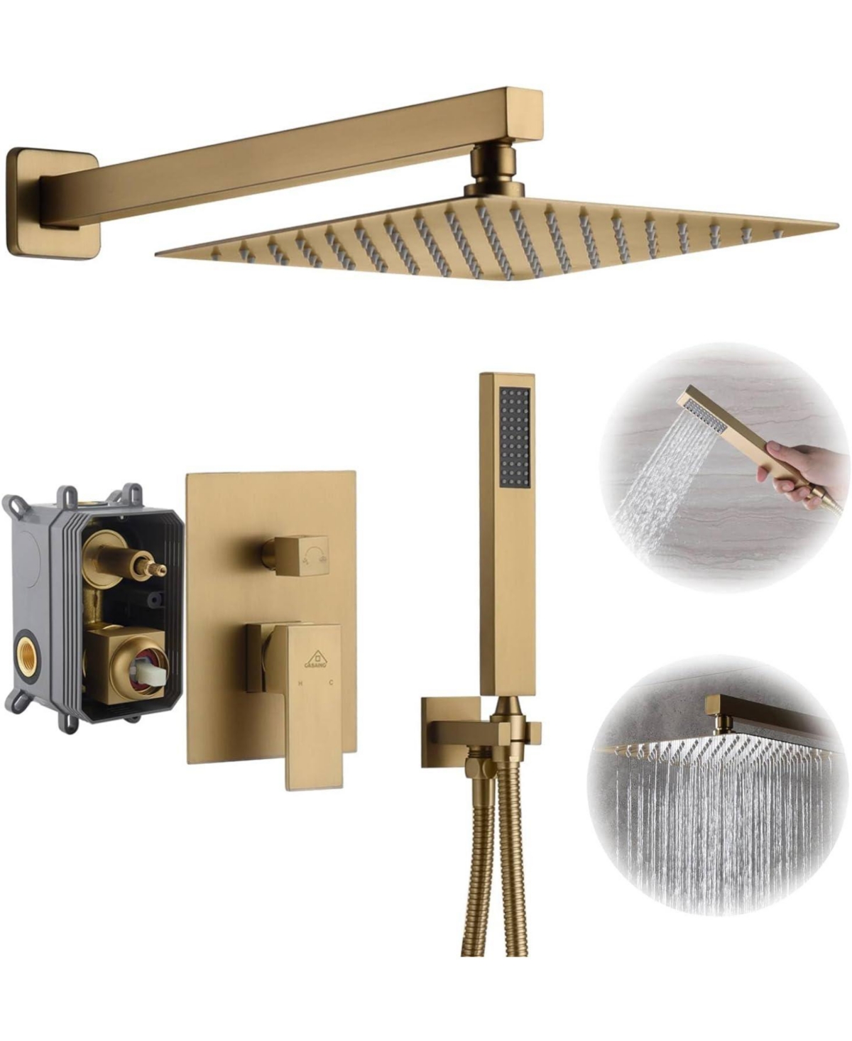 10" Inch Wall Mounted Square Shower System Set with Handheld Spray - Brushed gold