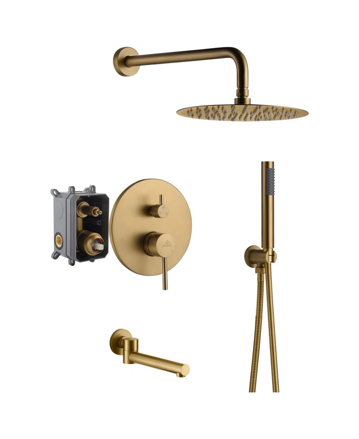10" Inch Wall Mounted Round Shower System Set with Handheld Spray & Rotating Tub Spout - Brushed gold