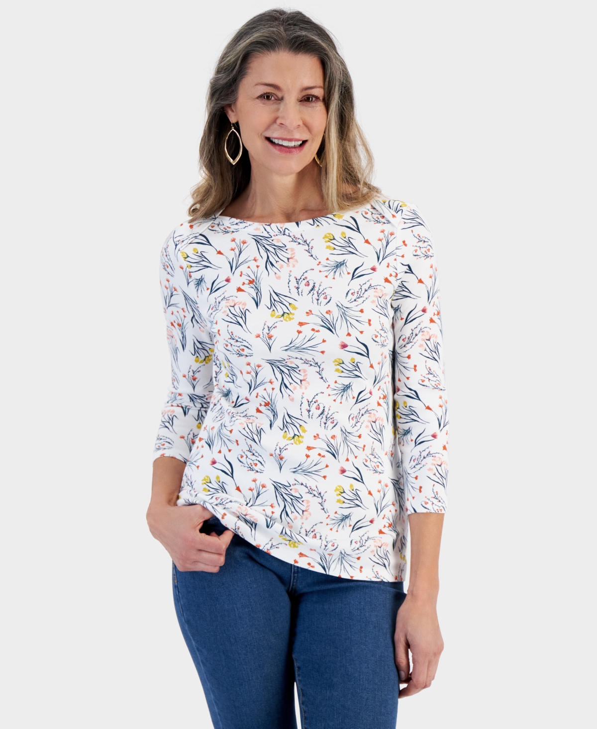 Shop Style & Co Women's Printed 3/4-sleeve Pima Cotton Top, Created For Macy's In White Multi Floral