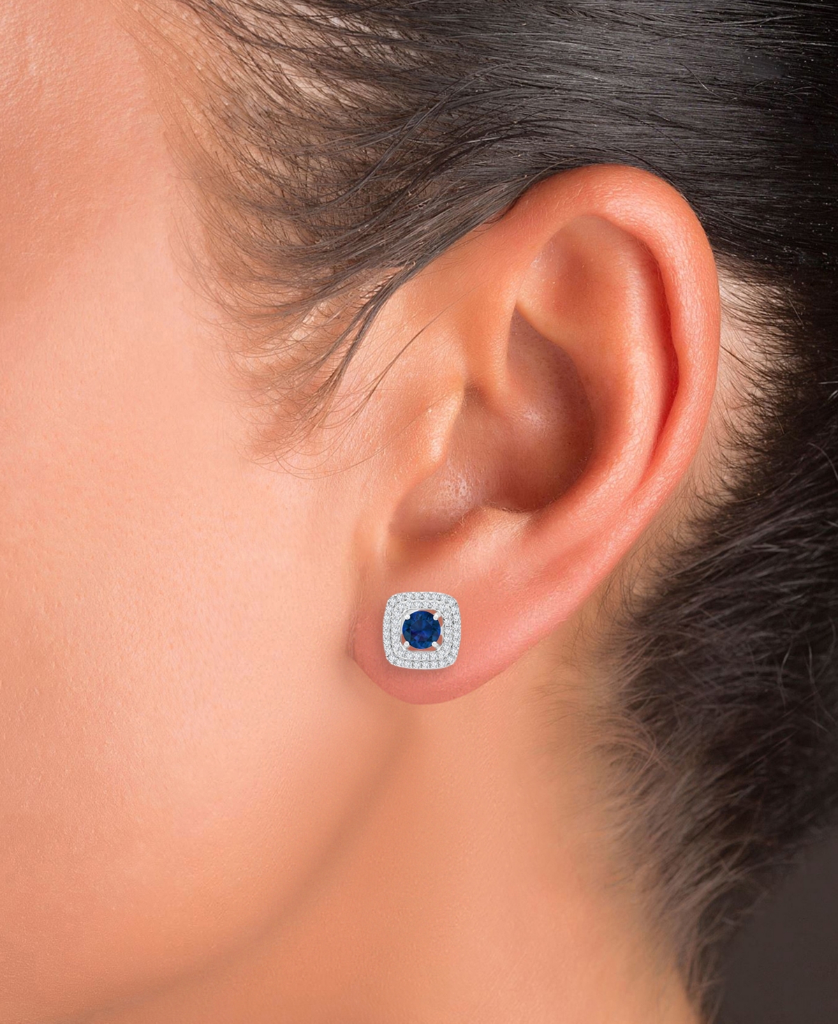 Gemstone & Lab-Grown White(5/8 ct. t.w.) Square Halo Birthstone Stud Earrings in Sterling Silver - Sapphire