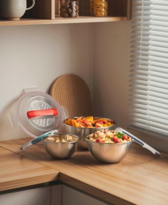 6 Pc Nesting Stainless Steel Mixing Bowl Set, W Lock Down Lids and Carry Handle