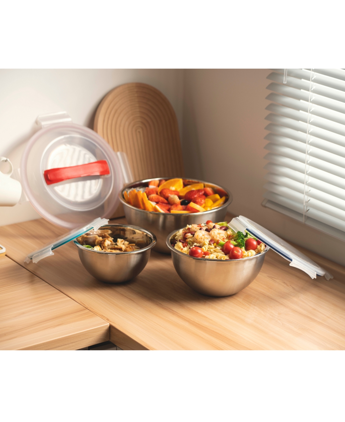 Genicook 6 Pc Nesting Stainless Steel Mixing Bowl Set, W Lock Down Lids And Carry Handle In Gray