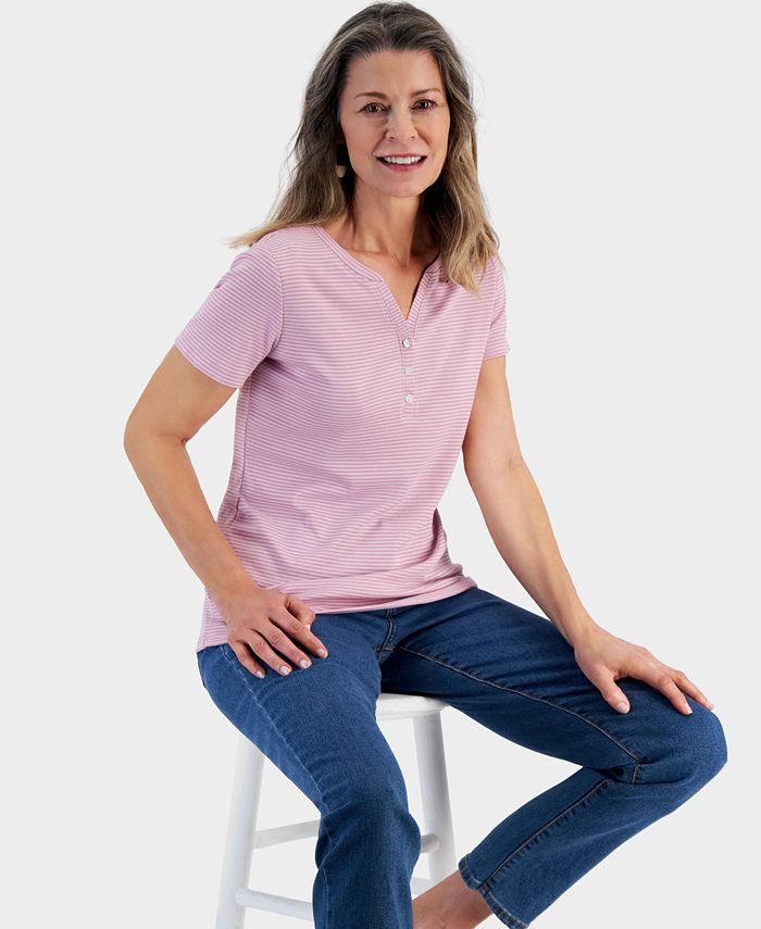 STRIPE SHORT SLEEVE SNAP BUTTON HENLEY KNIT TOP