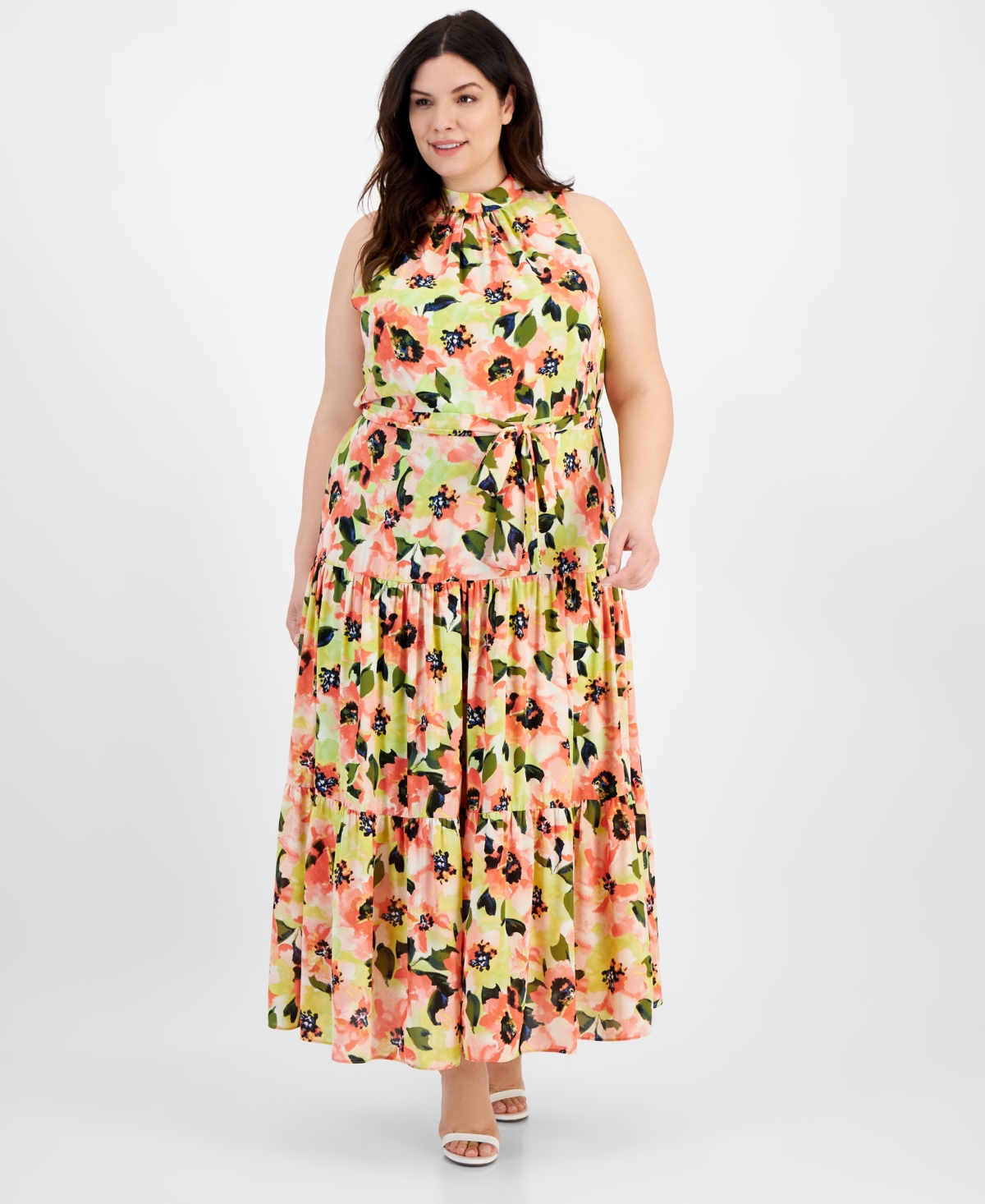 Plus Size Tiered Tie-Neck Maxi Dress - Red Pear Multi
