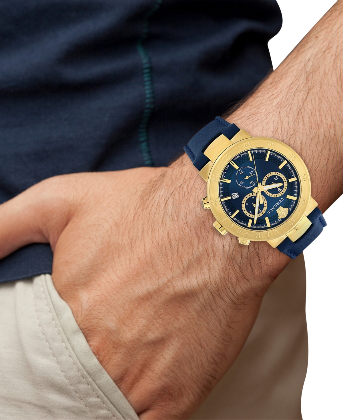 Shop Versace Men's Swiss Chronograph Urban Mystique Blue Leather Strap Watch 43mm In Gold